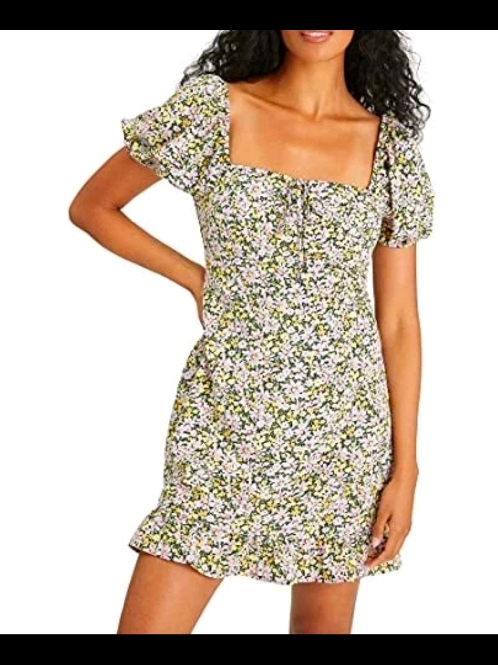 Sanctuary Green and White Floral Midi Dress with Puff Sleeves